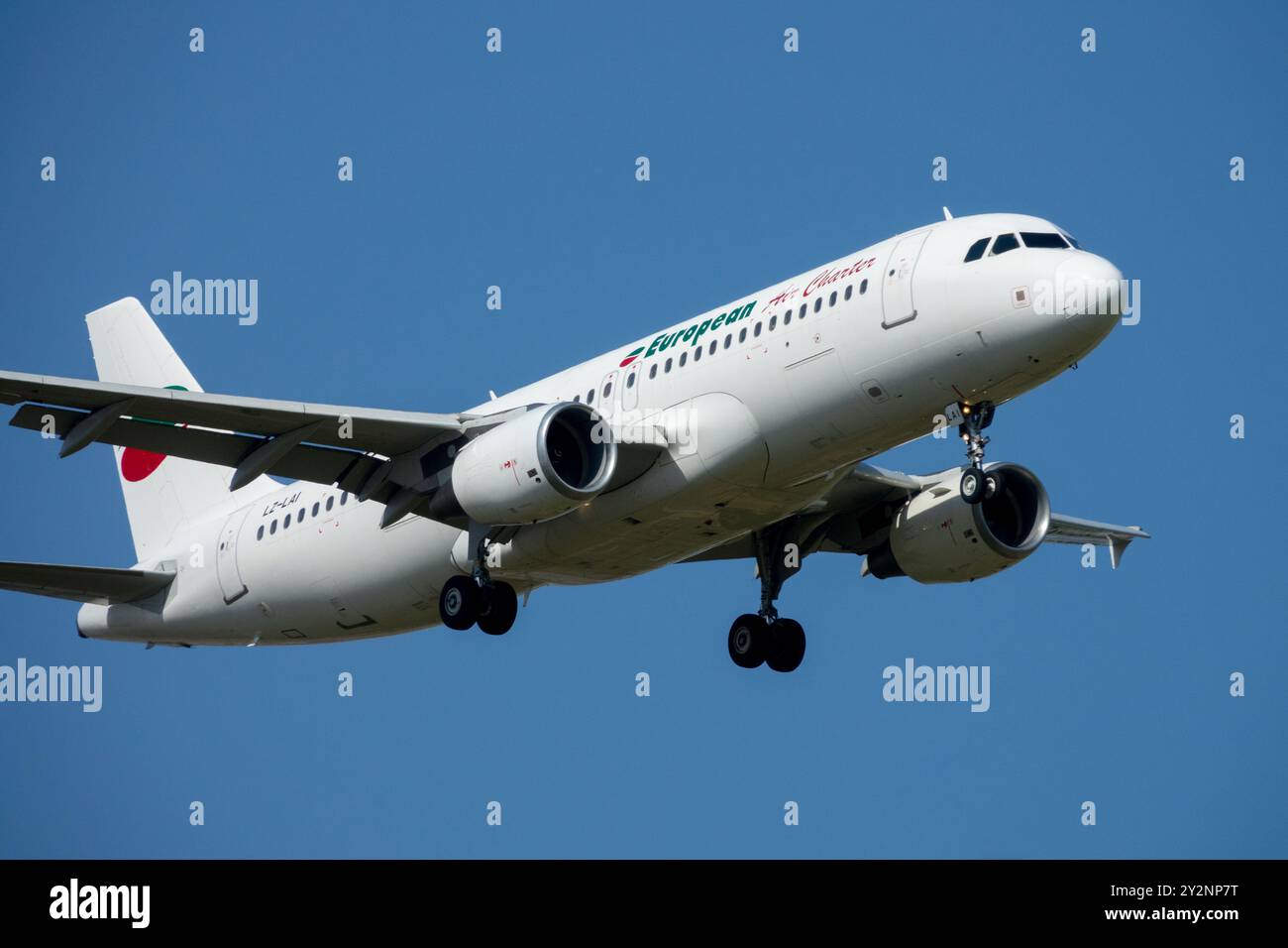 Aereo Airbus A320 aereo atterrando European Air Charter a Lipsia Foto Stock
