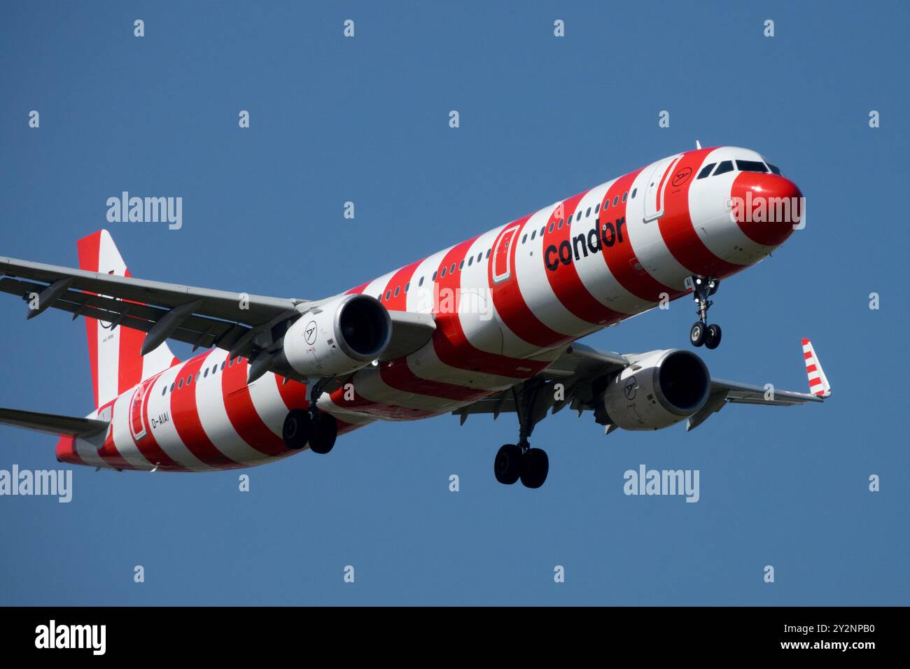 Aereo commerciale con motivo a strisce rosse e bianche in avvicinamento per atterrare contro un cielo azzurro chiaro Airbus A321-211, Condor Airline Leipzig Foto Stock