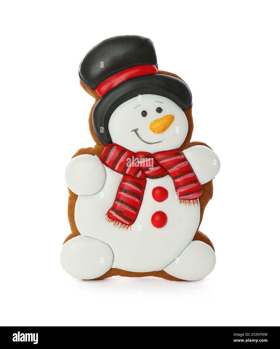 Gustosi biscotti di Natale a forma di pupazzo di neve isolato sul bianco Foto Stock