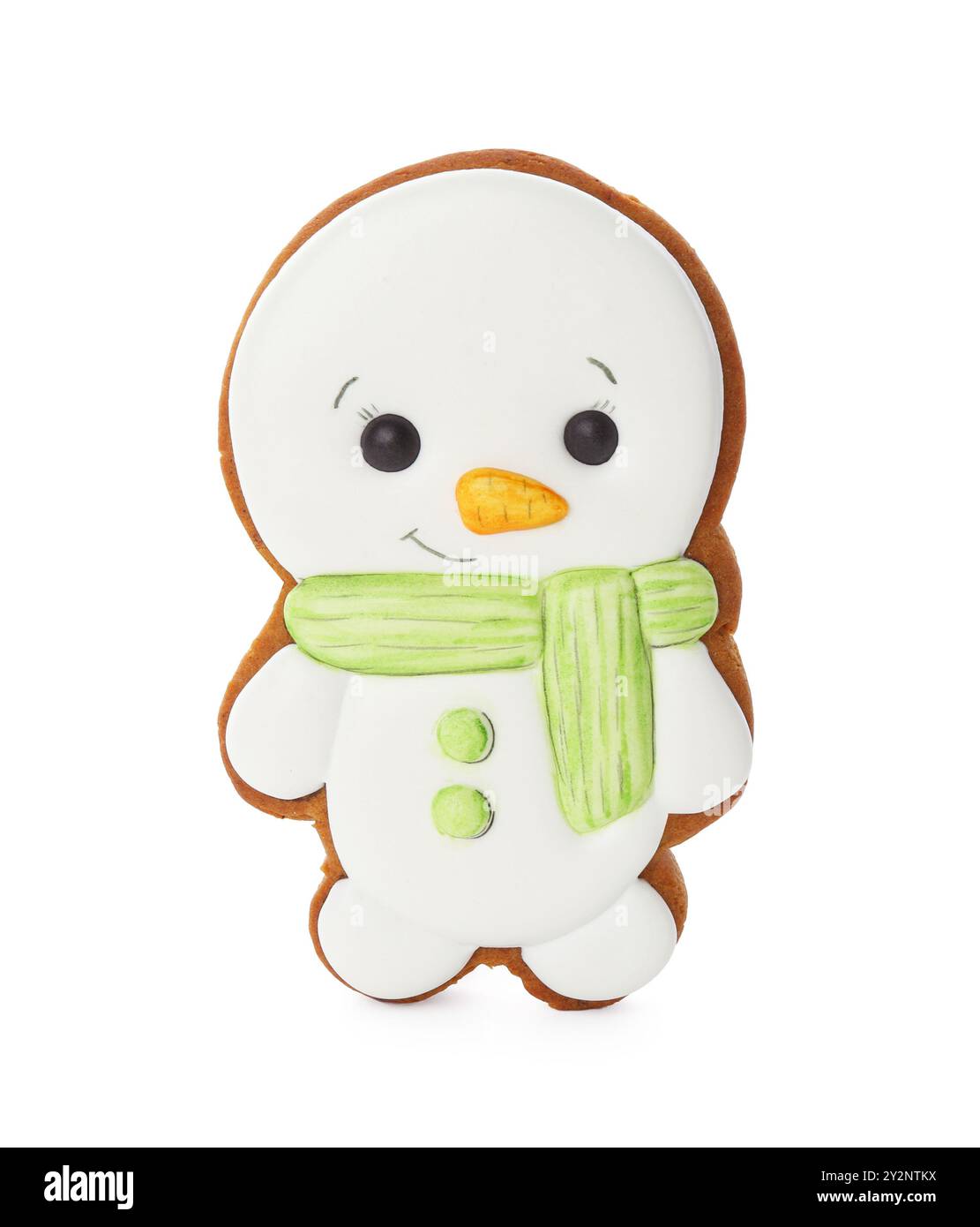 Gustosi biscotti di Natale a forma di pupazzo di neve isolato sul bianco Foto Stock