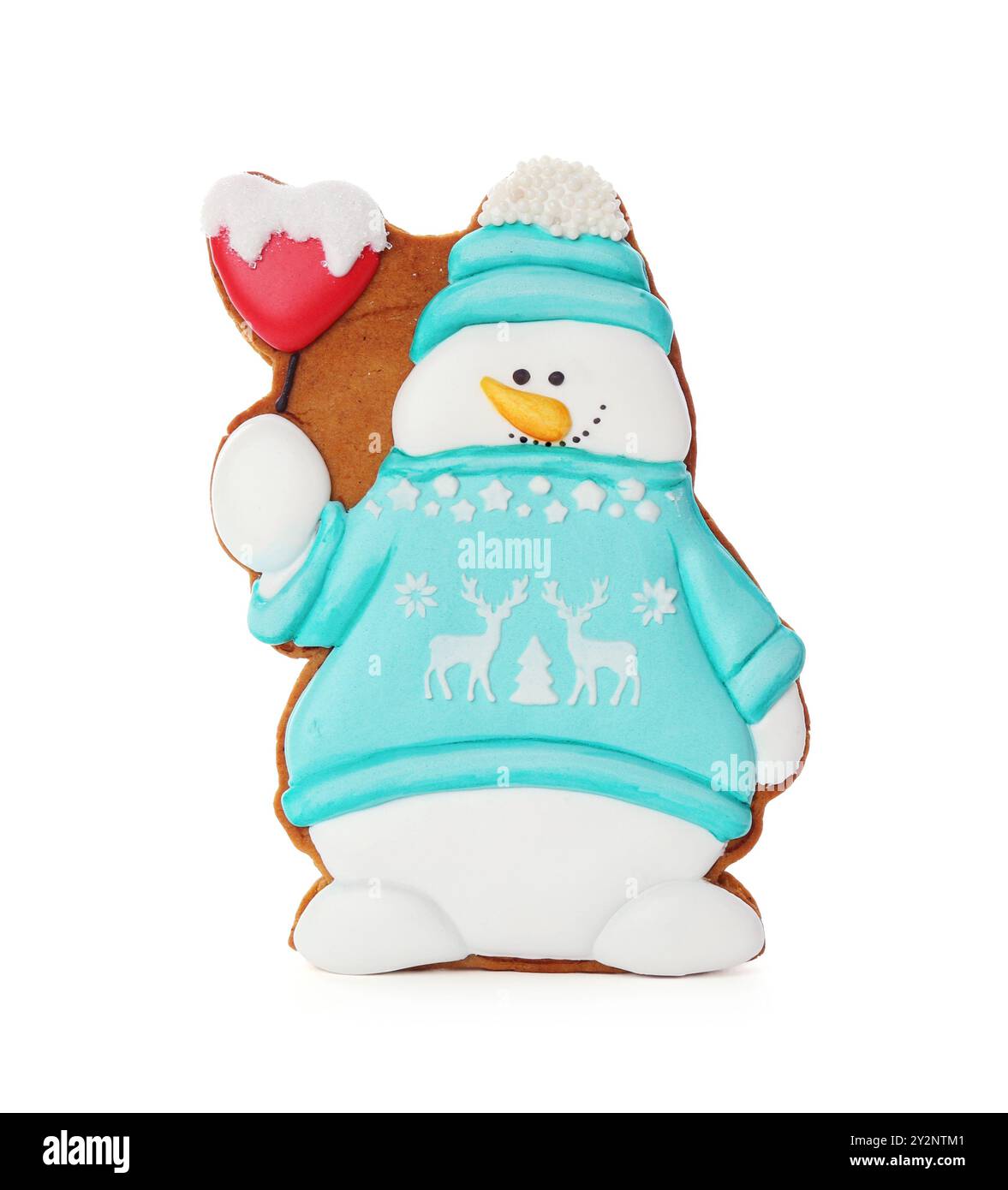 Gustosi biscotti di Natale a forma di pupazzo di neve isolato sul bianco Foto Stock