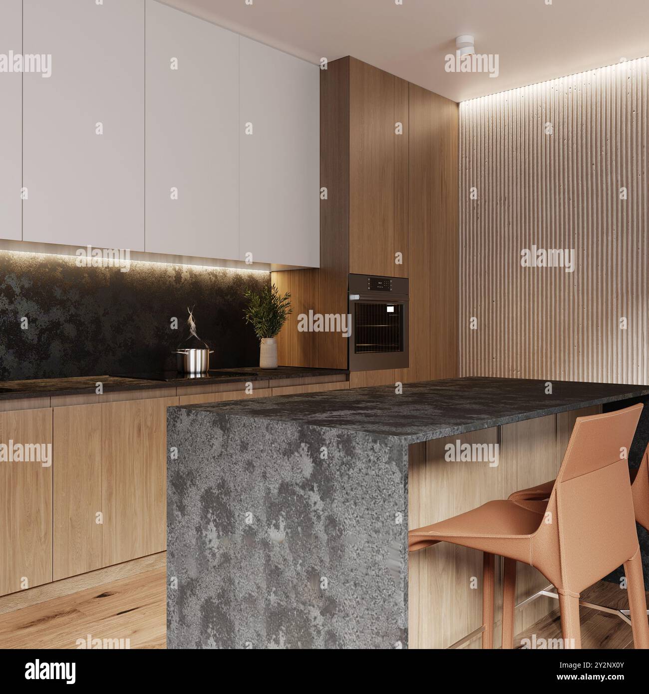 Cucina dal design moderno con granito in pietra naturale Mystic Grey. Piano in pietra e isola con dettagli di rubinetteria interna ed elettrodomestici. Foto Stock