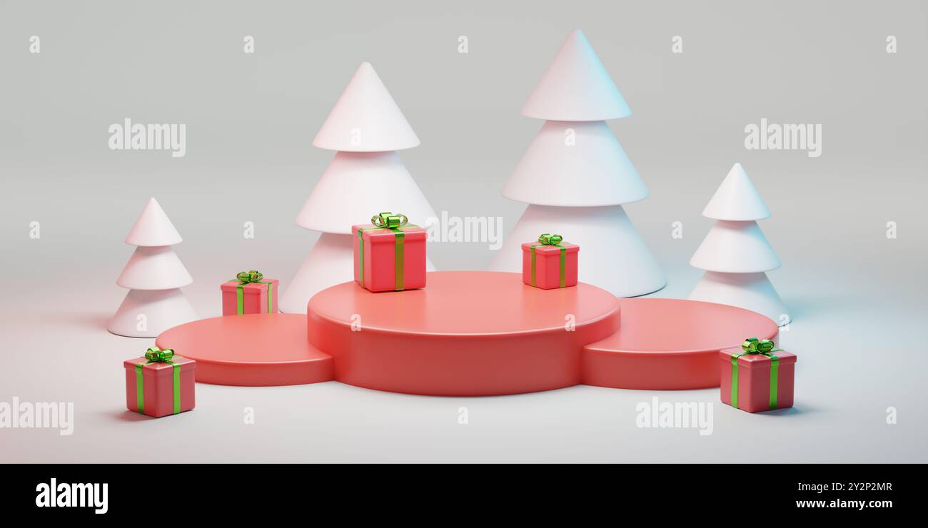 Podio natalizio con alberi e regali su sfondo bianco. illustrazione 3d. Foto Stock