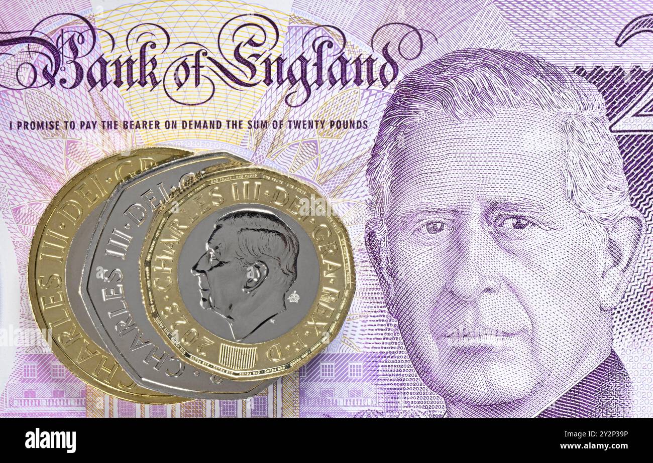 Charles III curency britannico - banconota da 20 sterline, moneta da 2 sterline e moneta da 1 sterline Foto Stock