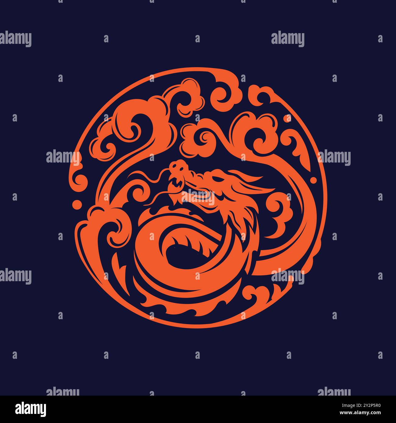 Felice anno nuovo cinese 2024. L'anno del Drago. Logo rosso drago cinese, nuvole asiatiche Illustrazione Vettoriale