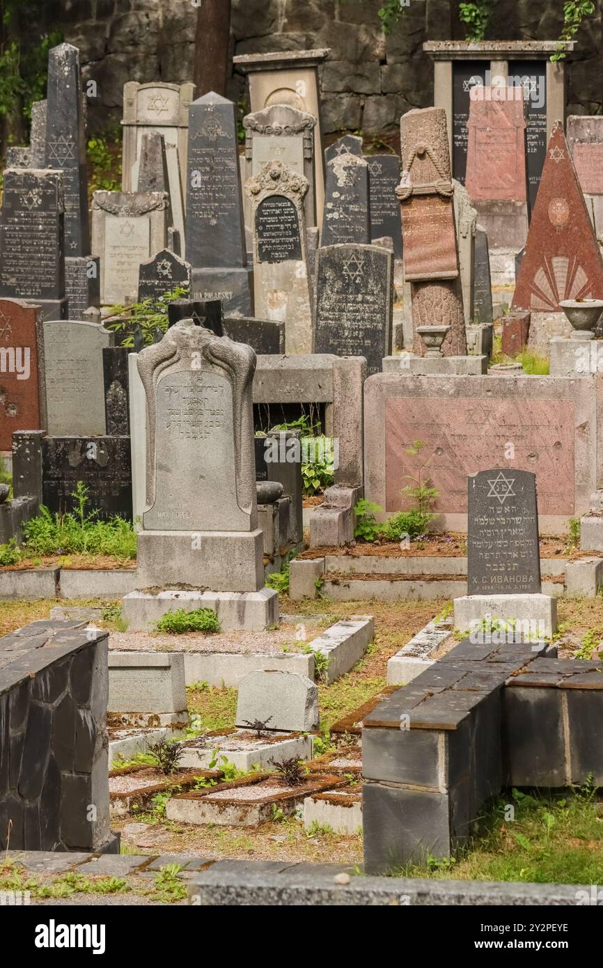Un vecchio cimitero ebraico a Hietaniemi, Helsinki. Diverse lapidi hanno testo ebraico e simboli ebraici. Una giornata nuvolosa nel giugno 2024. Foto Stock