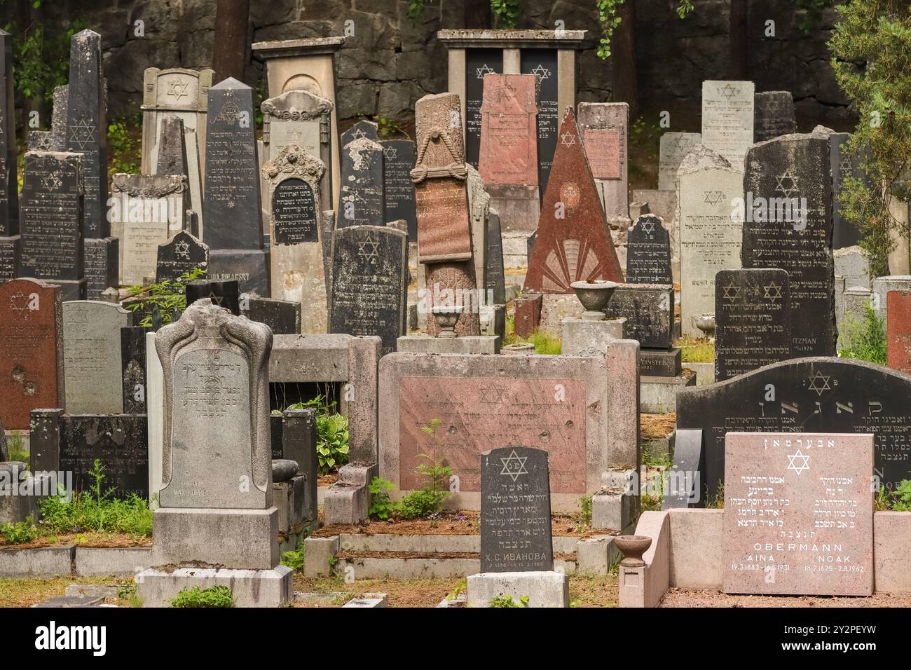 Un vecchio cimitero ebraico a Hietaniemi, Helsinki. Diverse lapidi hanno testo ebraico e simboli ebraici. Una giornata nuvolosa nel giugno 2024. Foto Stock