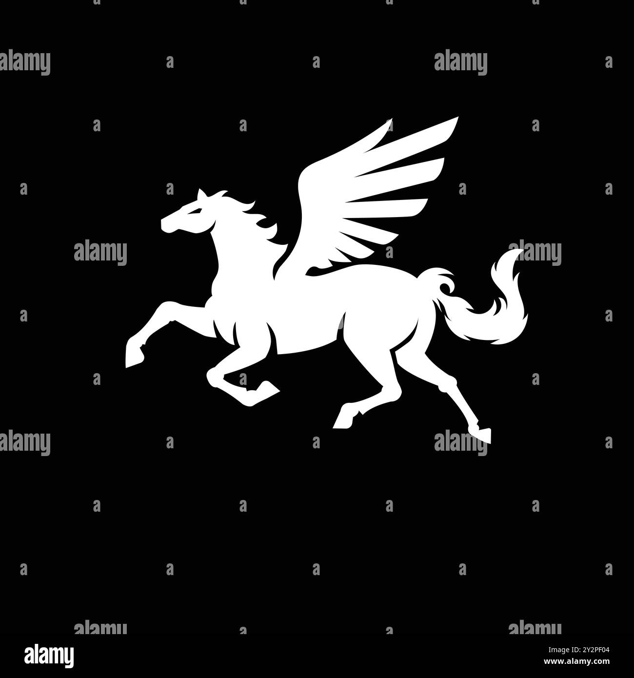 Immagine vettoriale di una silhouette di una creatura mitica di pegaso su sfondo nero. Cavallo con ali sulle zampe posteriori. Illustrazione Vettoriale