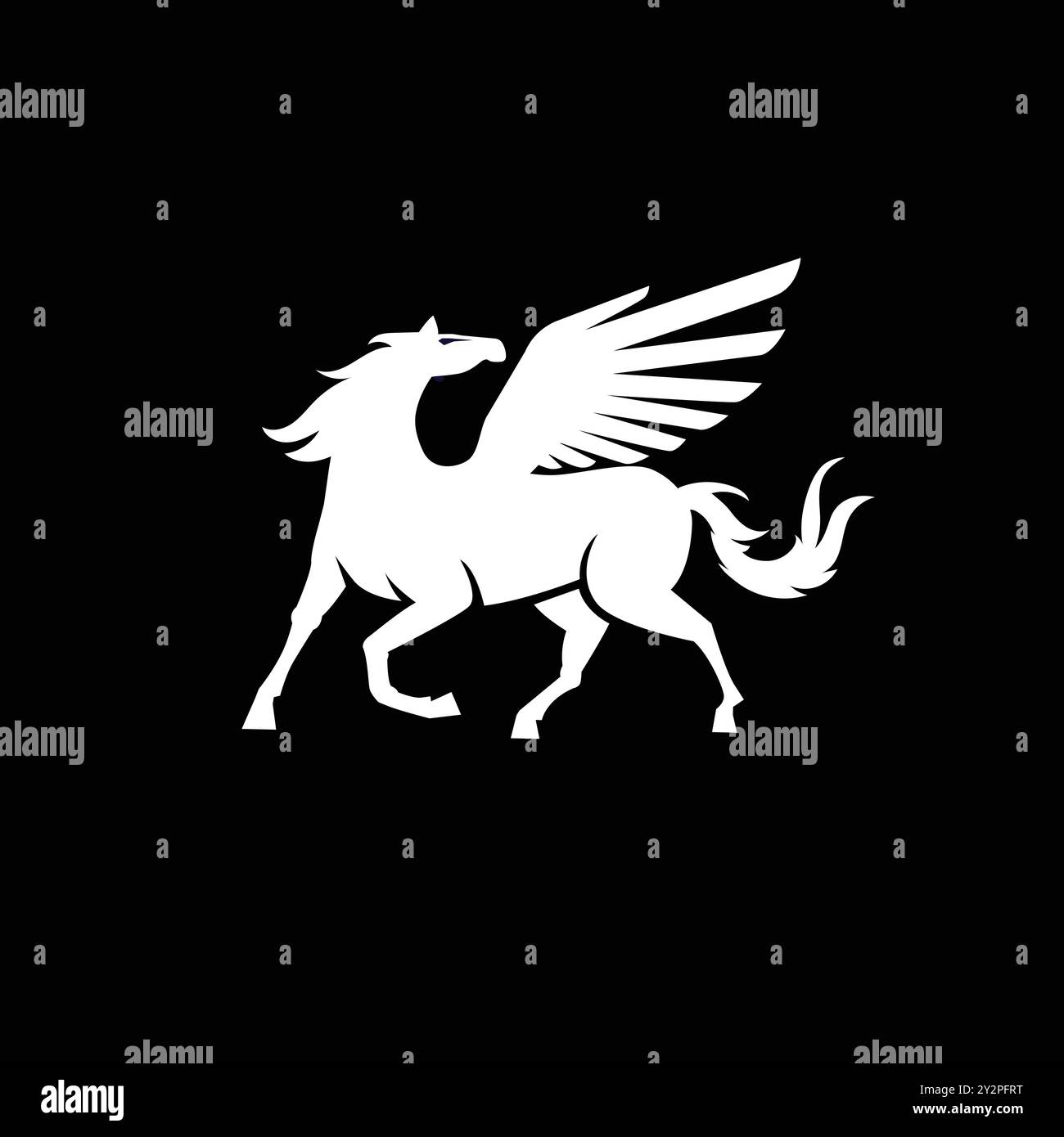 Immagine vettoriale di una silhouette di una creatura mitica di pegaso su sfondo nero. Cavallo con ali sulle zampe posteriori. Illustrazione Vettoriale