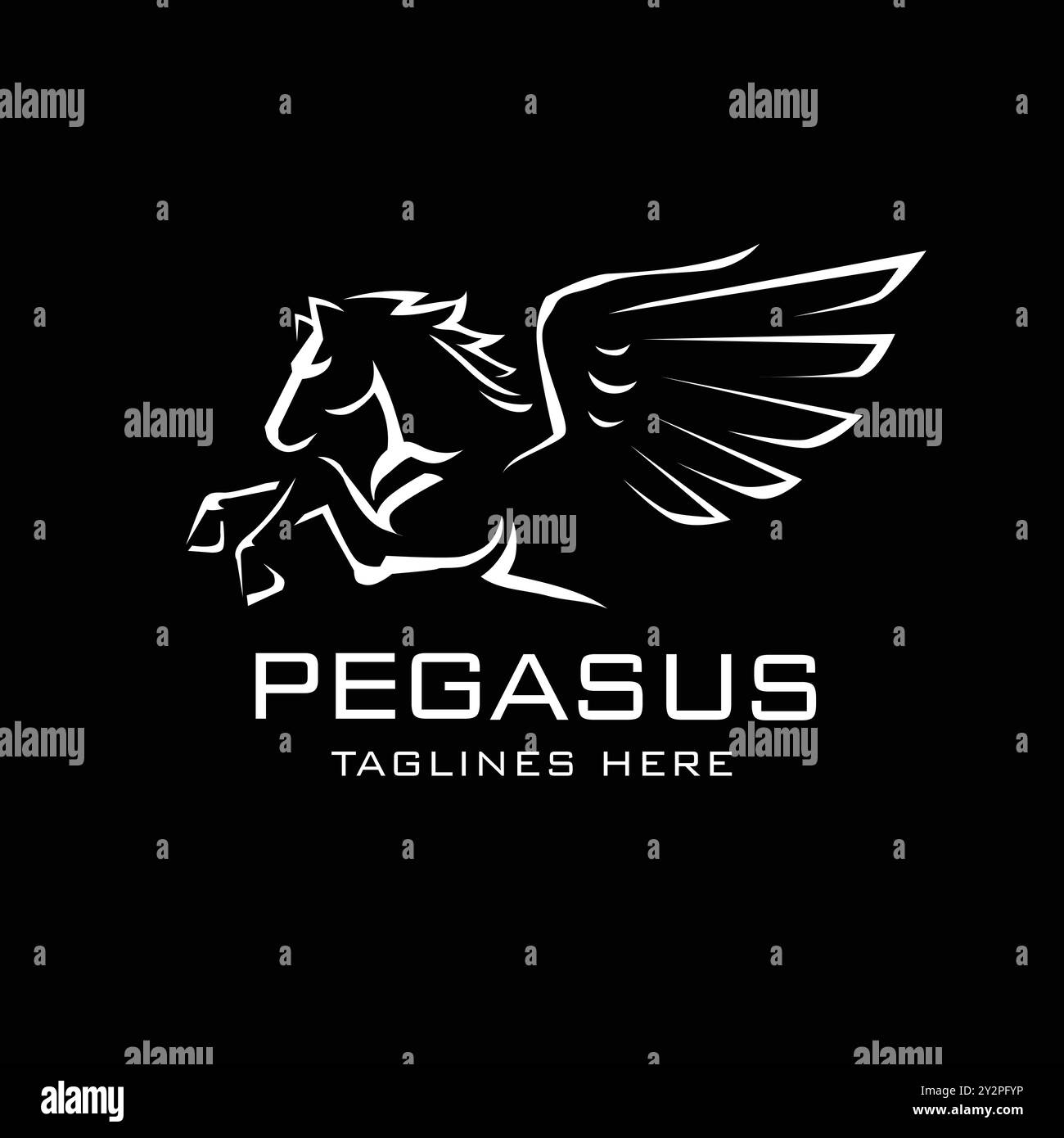 Immagine vettoriale di una silhouette di una creatura mitica di pegaso su sfondo nero. Cavallo con ali sulle zampe posteriori. Illustrazione Vettoriale