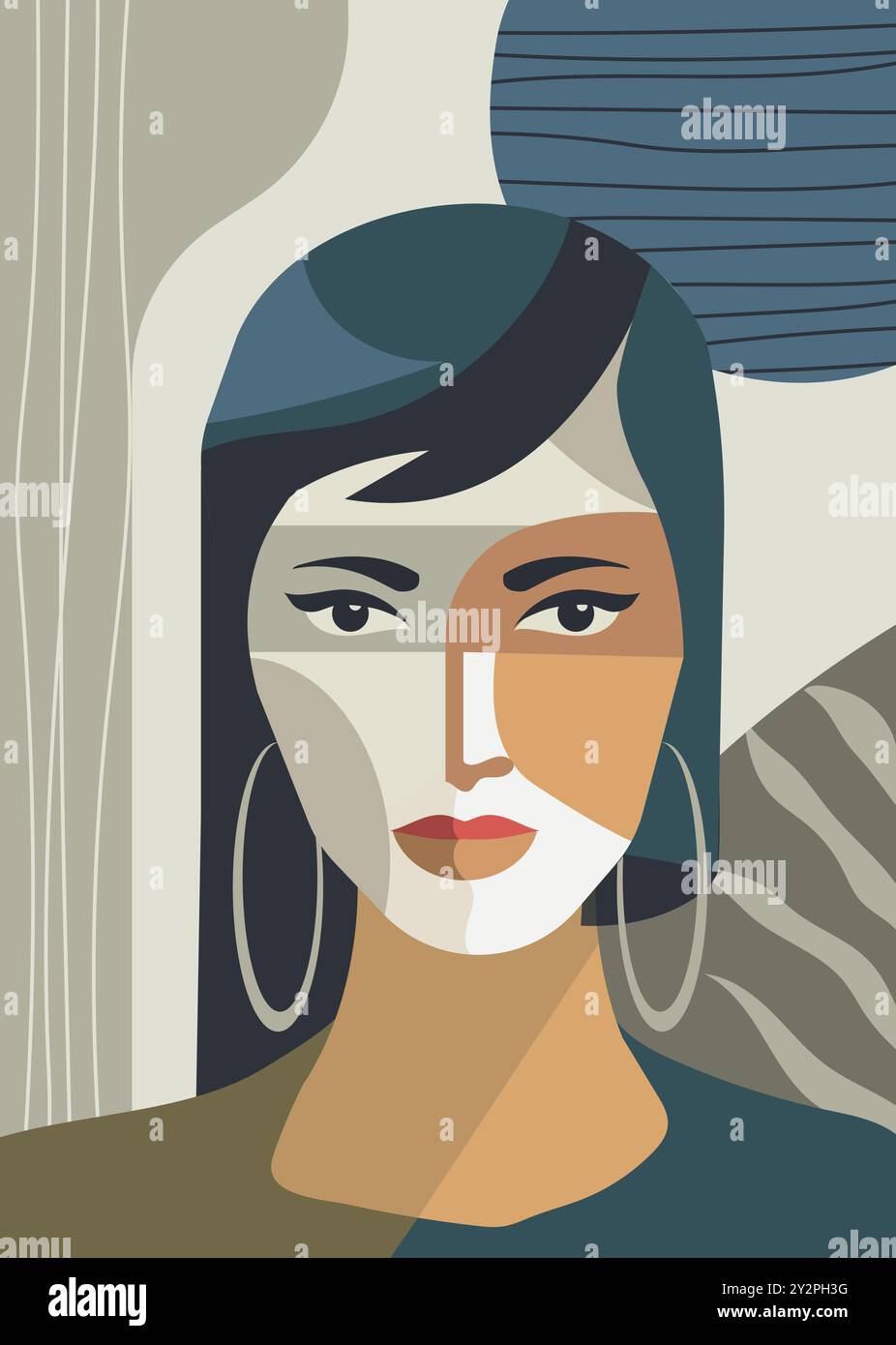 Ritratto astratto del volto di donna con elementi e forme botaniche. Sfondo moderno in stile boho Illustrazione Vettoriale