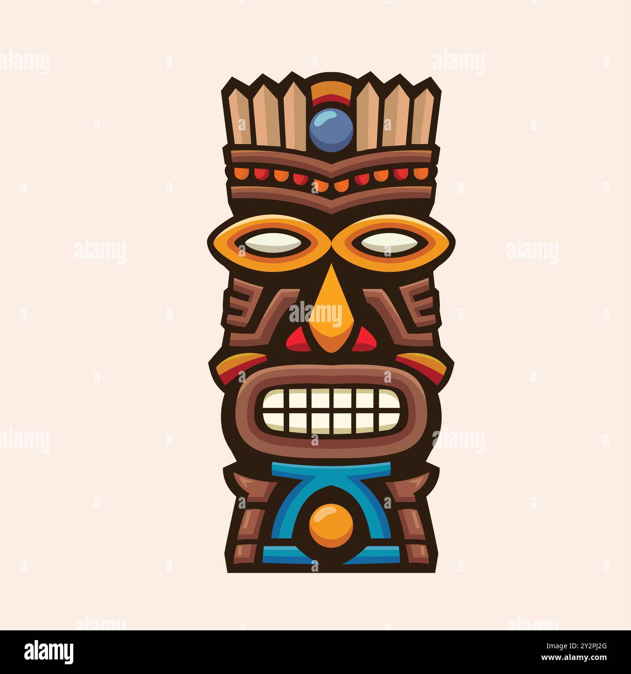 Colorata illustrazione vettoriale della maschera tribale in legno Tiki disegnata a mano. Elemento di design per emblema, cartello, poster, scheda, striscione. Illustrazione Vettoriale
