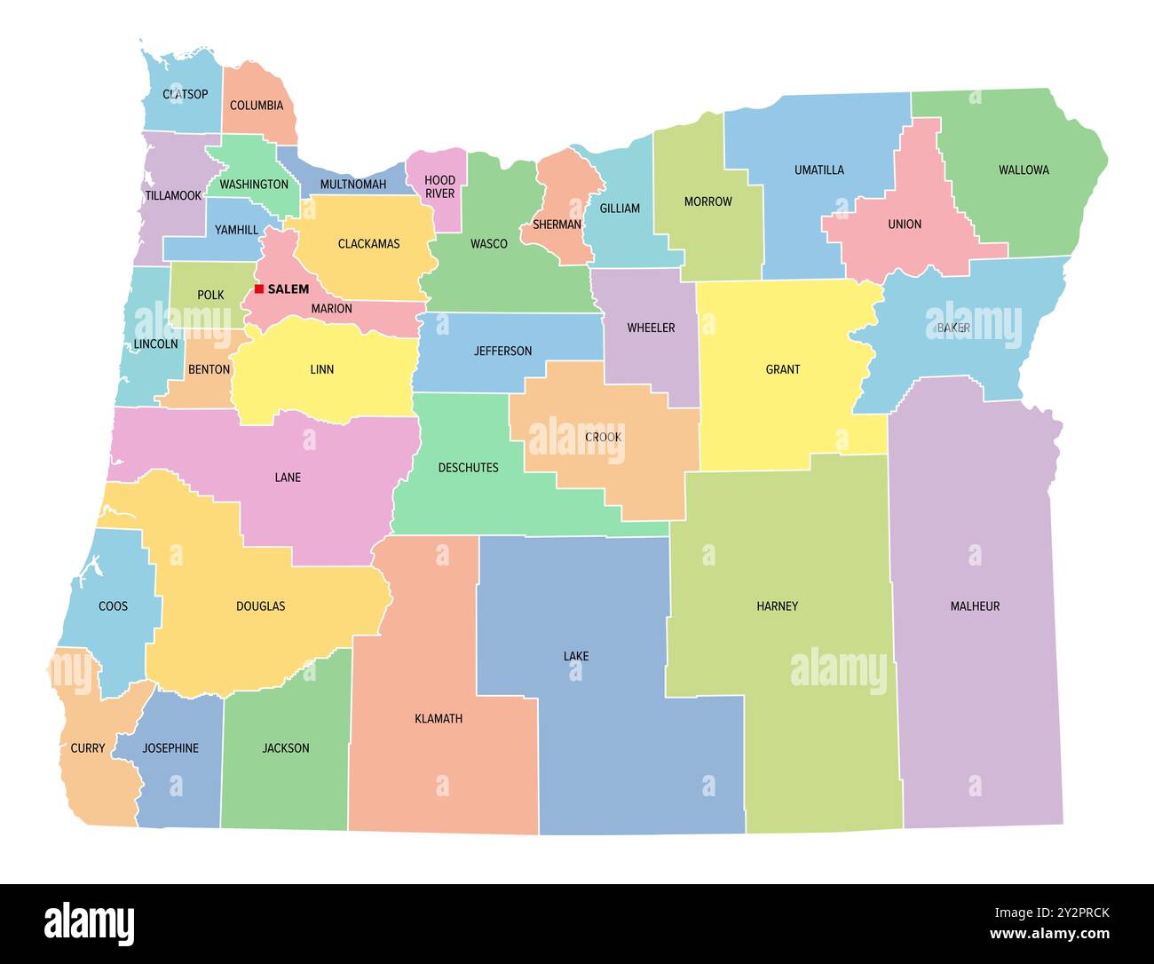Oregon, stato degli Stati Uniti, suddiviso in 36 contee, mappa politica multicolore con la capitale Salem, confini e nomi di contea. Foto Stock