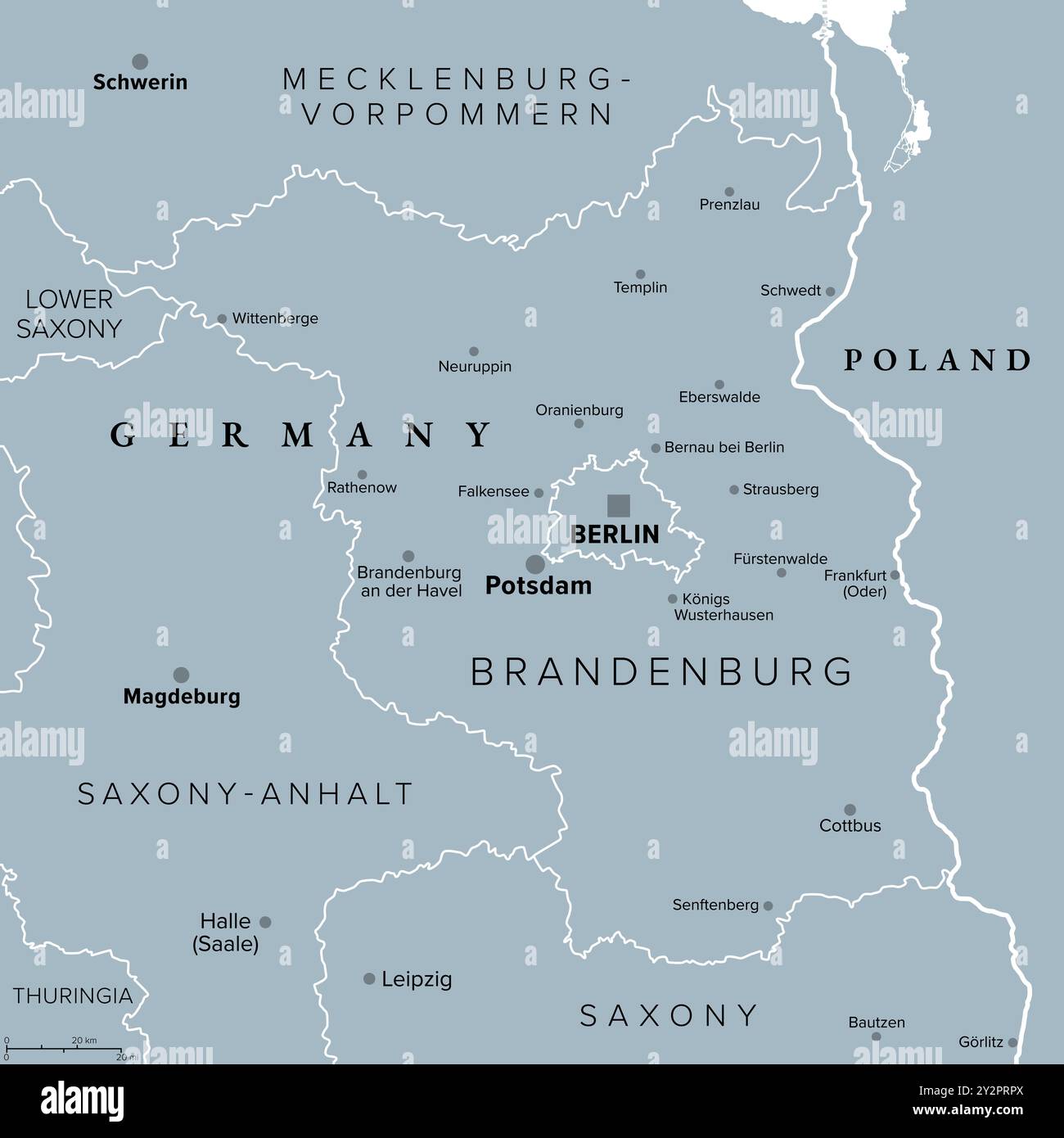 Brandeburgo, uno stato nel nord-est della Germania, mappa politica grigia con la capitale e la città più grande Potsdam, i confini e le città più grandi. Foto Stock