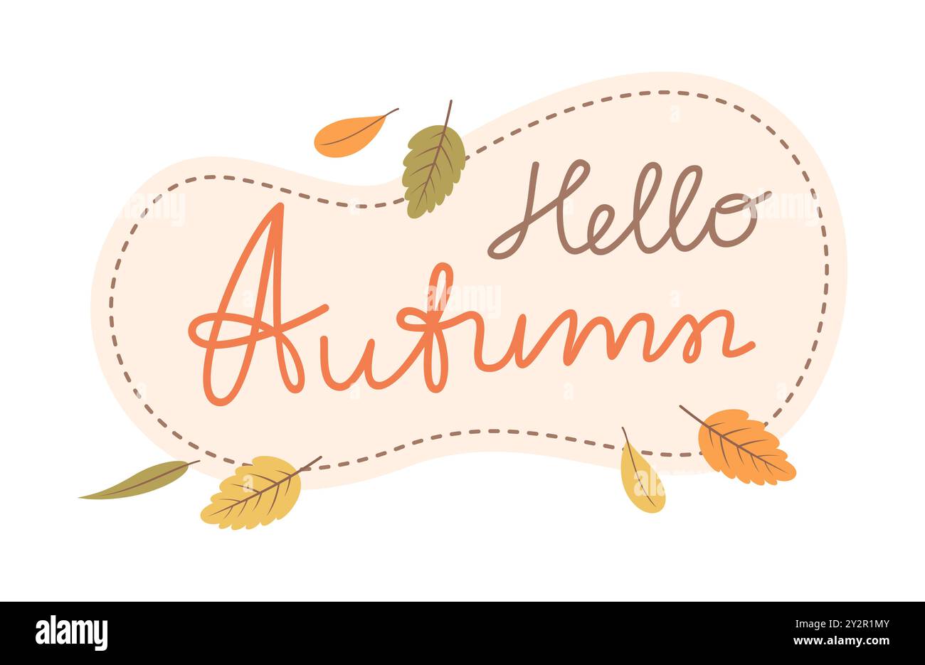 Testo scritto a mano ciao autunno con foglie cadenti, adesivo isolato su sfondo bianco. Illustrazione vettoriale piatta Illustrazione Vettoriale