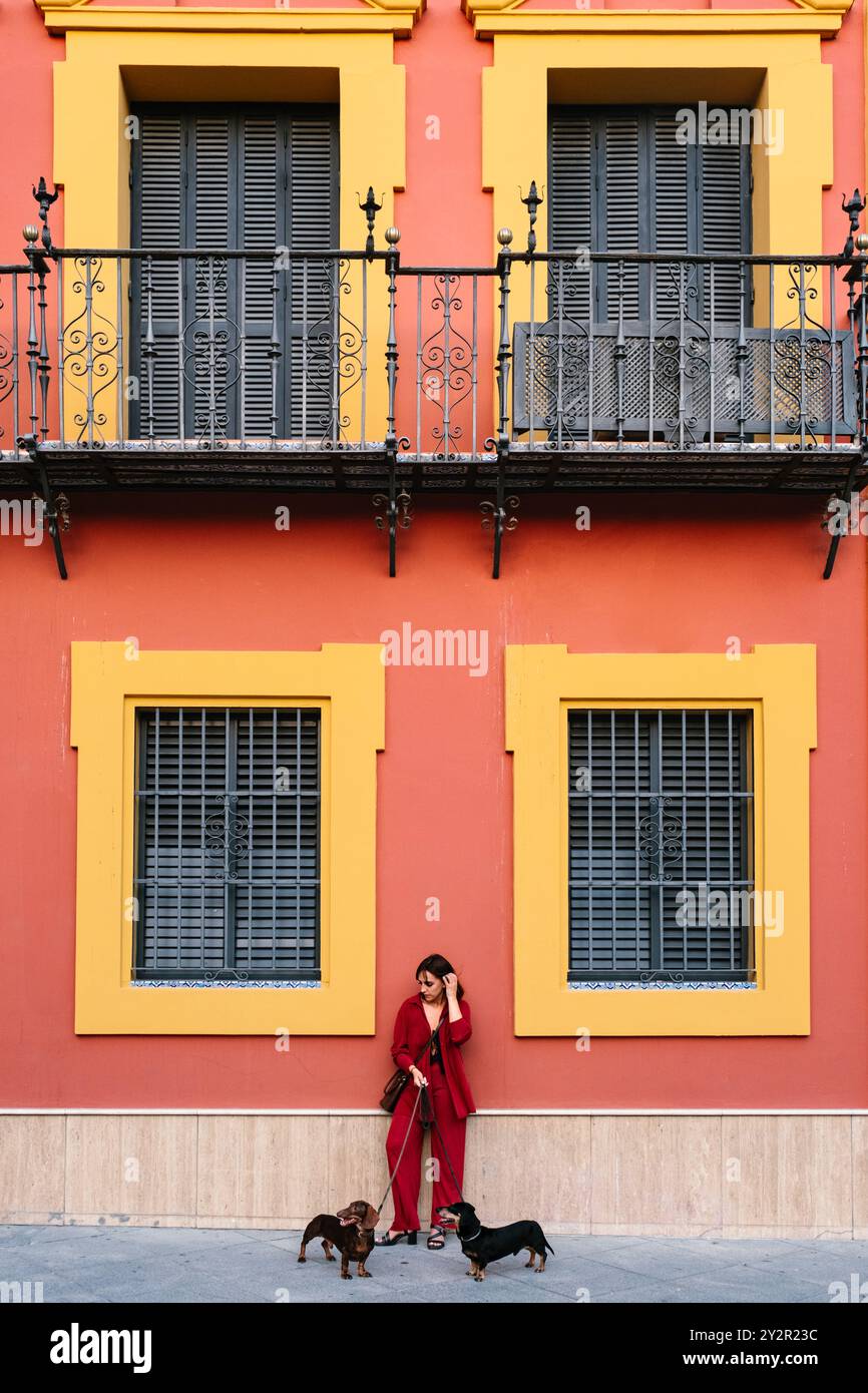 Una giovane donna con un vestito rosso è vista camminare due cani Teckel accanto a un vivace edificio giallo e arancione con balconi decorativi e finestre Foto Stock