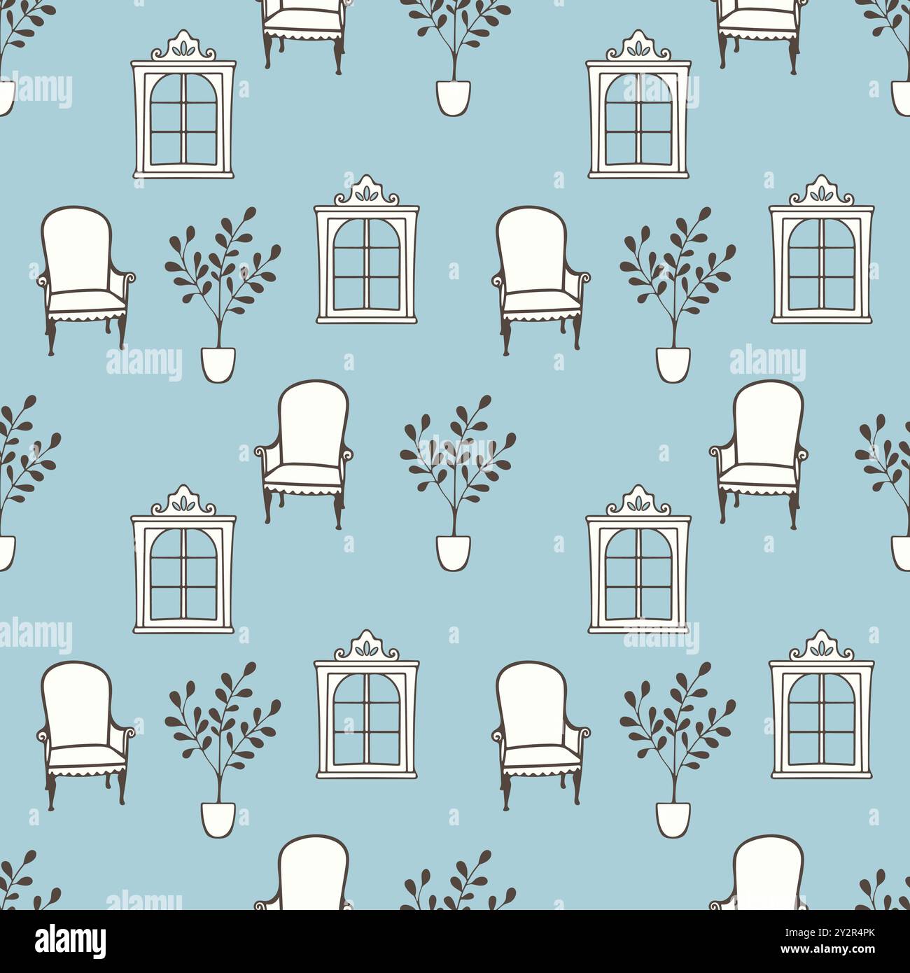 Motivo blu con sedie a finestre e piante in vaso, delinea i doodle disegnati a mano, perfetti per l'arredamento della casa. Illustrazione vettoriale Illustrazione Vettoriale
