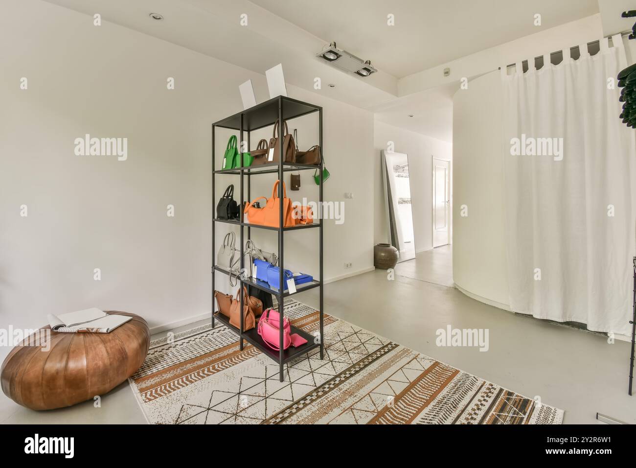 Un contemporaneo espositore boutique con una varietà di borse colorate di design su uno scaffale in metallo, con elementi di arredo eleganti e una disposizione spaziosa. Foto Stock