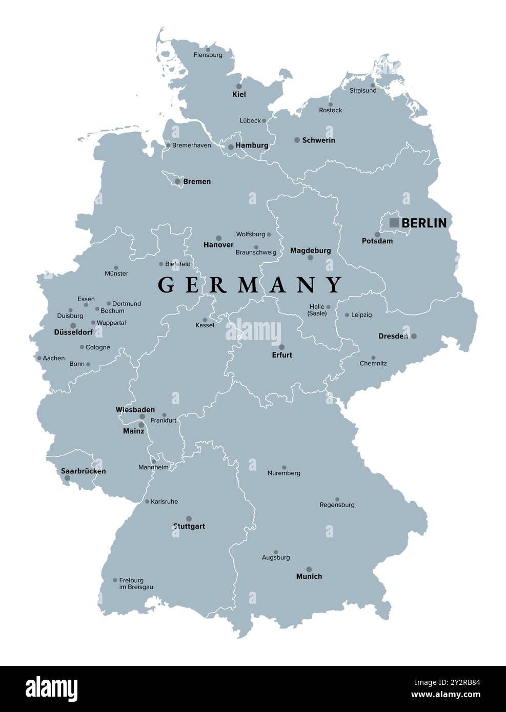 Germania, silhouette, un paese dell'Europa centrale con la capitale Berlino, mappa politica grigia. Repubblica federale di Germania con 16 stati costituenti. Foto Stock