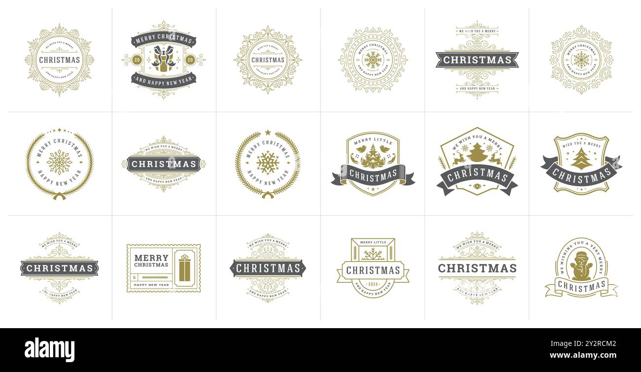 Una collezione di etichette e cartellini natalizi d'ispirazione vintage, con design eleganti, ideali per regali, decorazioni o biglietti di auguri, che presentano vario Illustrazione Vettoriale