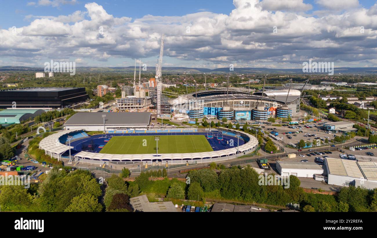 Campi aerei all'Etihad Stadium Manchester City FC e ai campi di atletica leggera Foto Stock