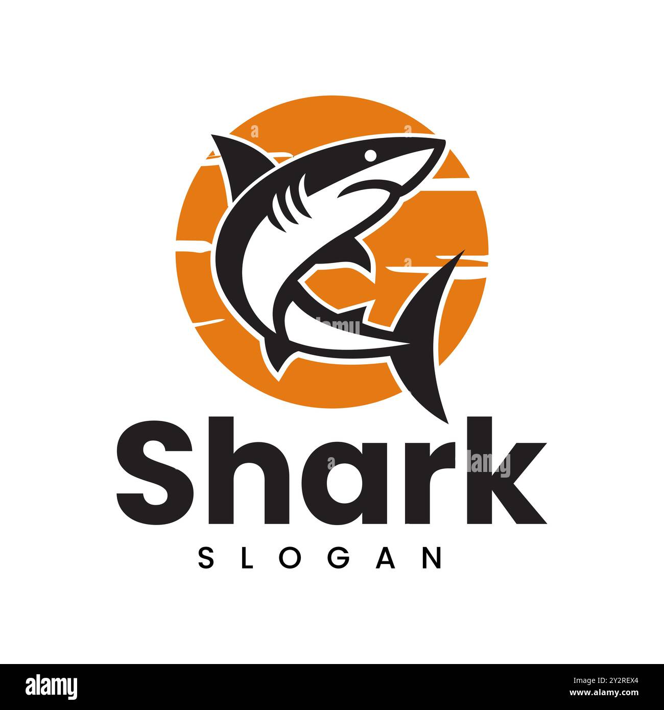 Immagine Vector vintage con silhouette retrò e logo SHARK sull'icona di sfondo del sole Illustrazione Vettoriale