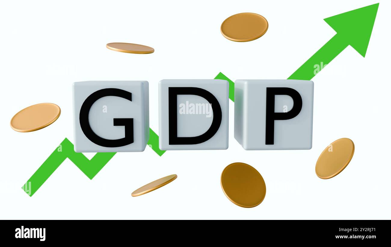 Rendering 3d di cubi con la parola "PIL" sovrapposti a pile crescenti di monete d'oro, suggerendo una tendenza positiva alla crescita economica. Foto Stock