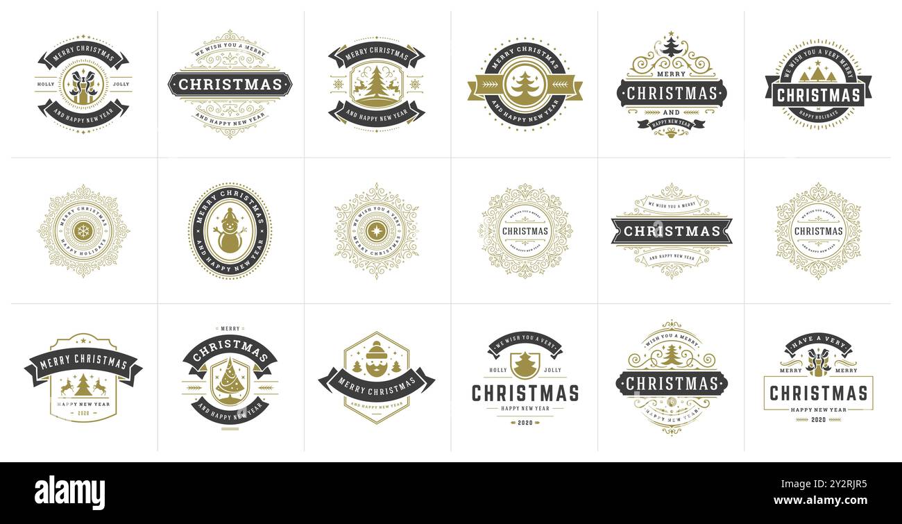Una collezione di etichette e cartellini natalizi d'ispirazione vintage, con design eleganti, ideali per regali, decorazioni o biglietti di auguri, che presentano vario Illustrazione Vettoriale