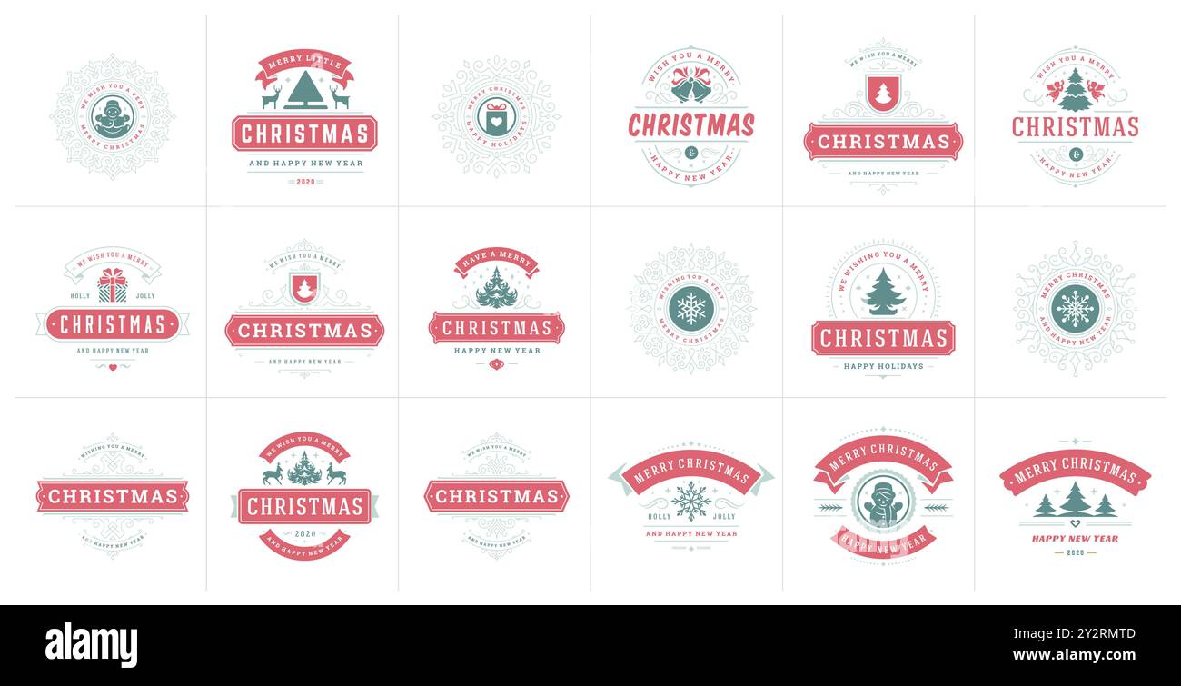 Una collezione di etichette e cartellini natalizi d'ispirazione vintage, con design eleganti, ideali per regali, decorazioni o biglietti di auguri, che presentano vario Illustrazione Vettoriale