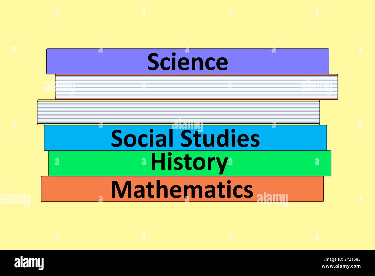 Illustrazione di una pila di libri di testo colorati etichettati da soggetti scolastici. Perfetto per temi didattici e progetti per il ritorno a scuola. Illustrazione Vettoriale