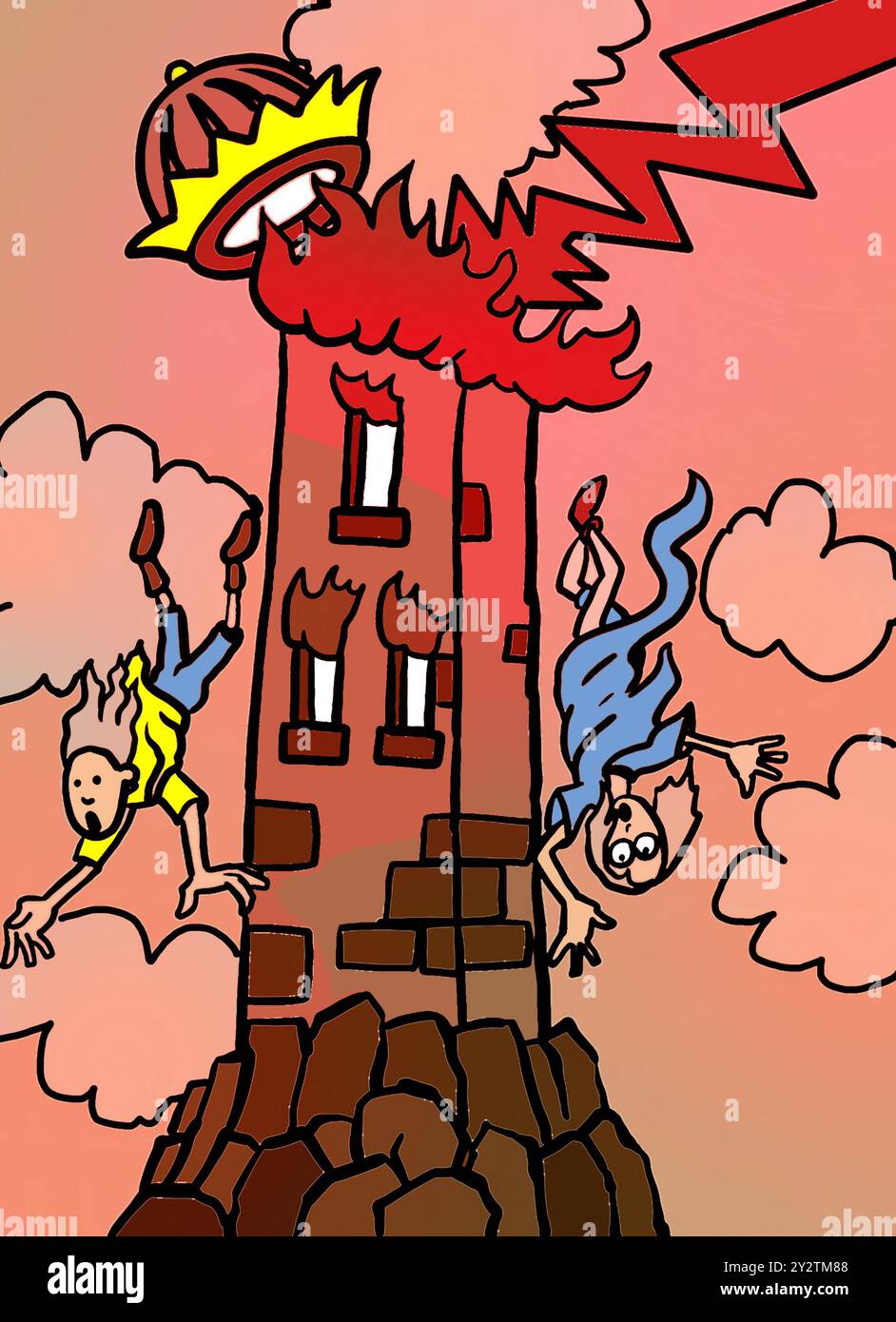 Tower card XVI /16th trump o Major Arcana nel ponte dei tarocchi. Questa arte, dopo Rider-Waite, mostra la Torre come corona, simboleggiando il pensiero materialista. Foto Stock