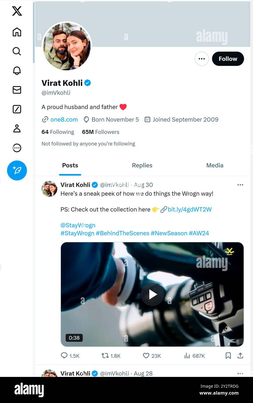 "X" - precedentemente Twitter - pagina (settembre 2024) di Virat Kohli - cricketer Foto Stock