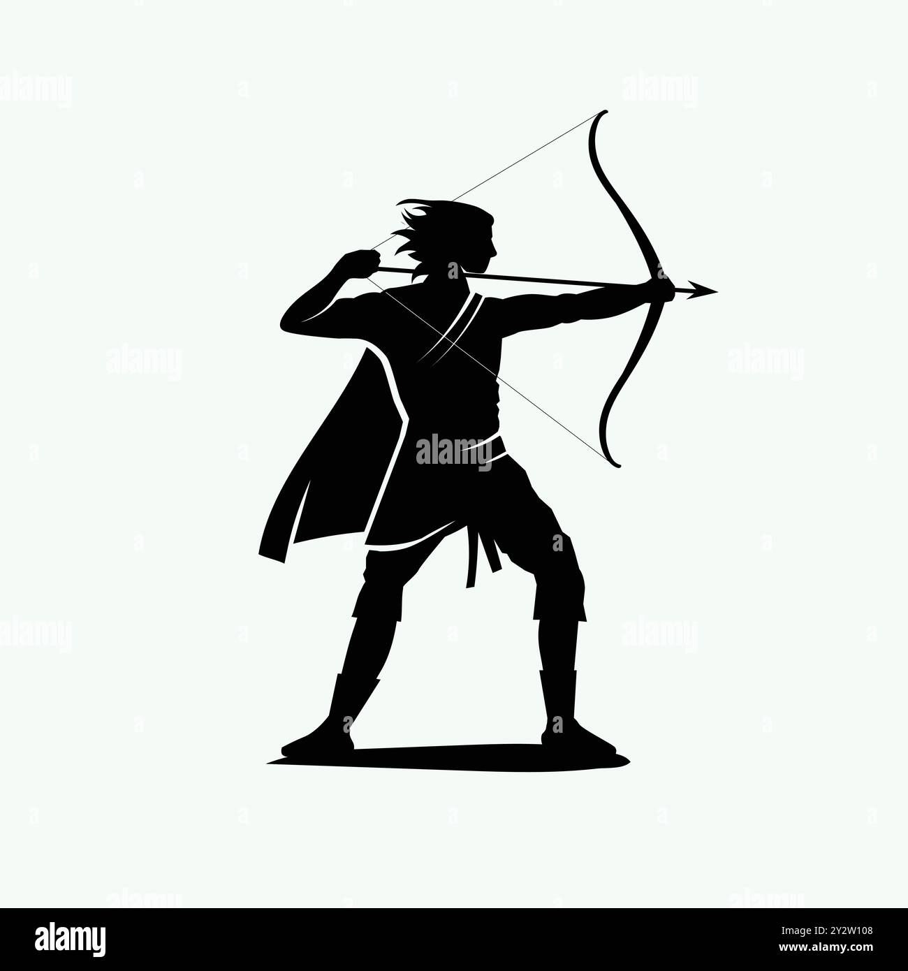 Silhouette di un guerriero fantasy archer che mira al suo bersaglio da lontano Illustrazione Vettoriale