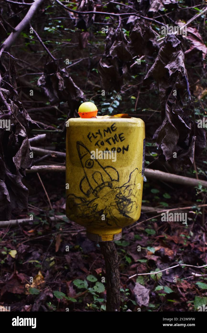 Una caraffa gialla su un bastone come un'opera d'arte ritrovata presso il Doll's Head Trail di Atlanta, Georgia: "Falla volare sulla luna", arte sharpie di un razzo Foto Stock
