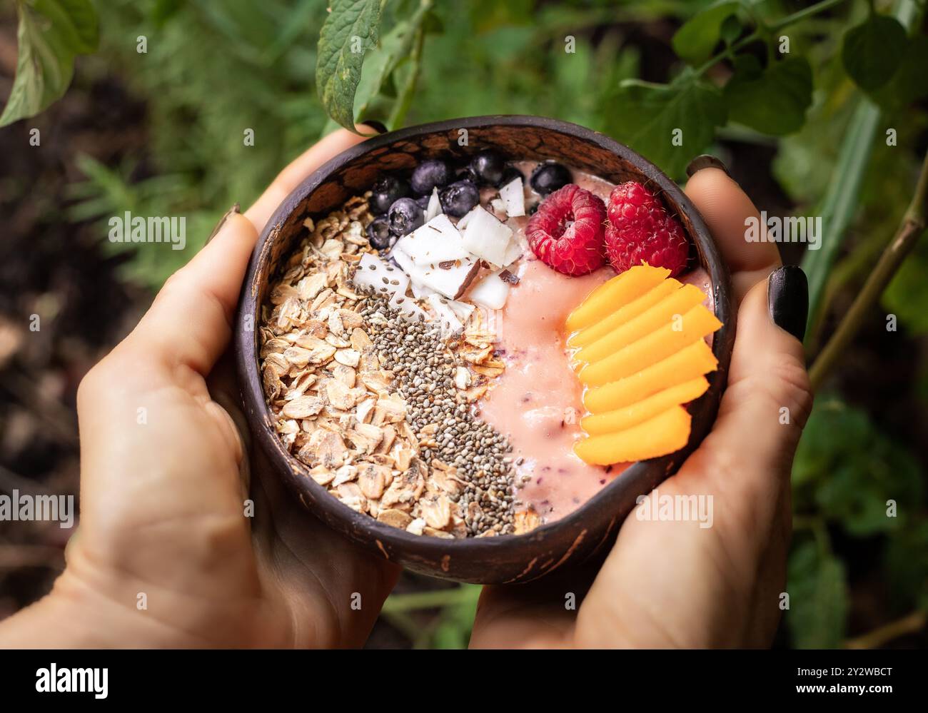 Un colorato recipiente per frullati pieno di frutta, granola e semi è tenuto in due mani. La ciotola è fatta di noce di cocco ed è circondata da una vegetazione lussureggiante. Foto Stock