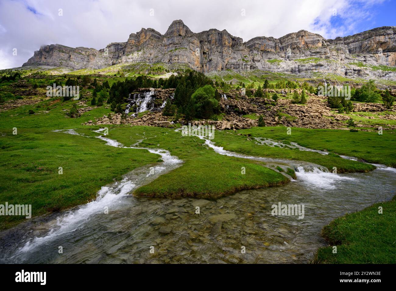 Torrenti di montagna in primavera nella valle verde erbosa nella parte alta del canyon di Ordesa Foto Stock