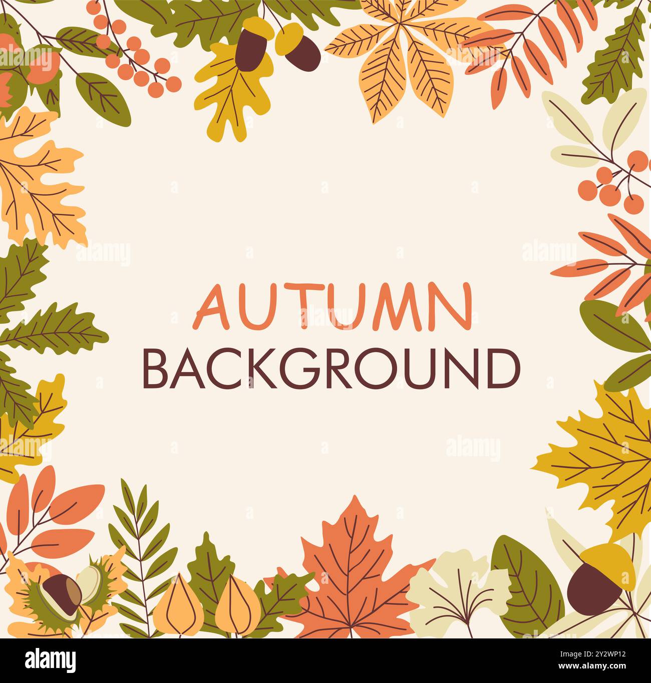 Un colorato sfondo autunnale con cornice a foglie. Illustrazione Vettoriale