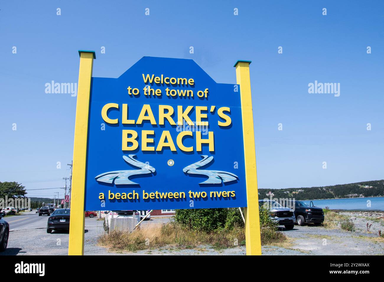 Benvenuto nella città di Clarke's Beach sulla NL 70 a Newfoundland & Labrador, Canada Foto Stock