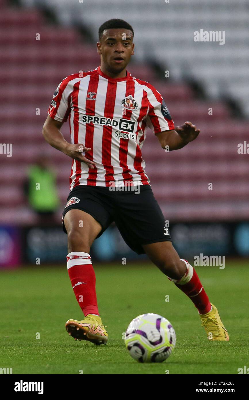 Jewison Bennette del Sunderland durante la partita di gruppo B della Premier League International Cup tra il Sunderland e l'Athletic Club De Bilbao allo Stadium of Light di Sunderland, mercoledì 11 settembre 2024. (Foto: Michael driver | mi News) crediti: MI News & Sport /Alamy Live News Foto Stock