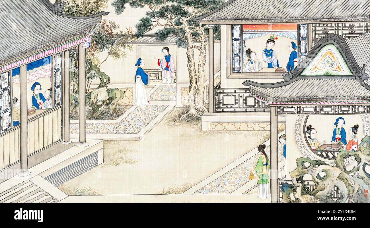Scena da sogno della camera Rossa di Cao Xueqin (1710-1765) dipinta dall'artista della dinastia Qing Sun Wen (1818-1904) utilizzando pennellate tradizionali cinesi per trasmettere i temi centrali di questo romanzo classico, l'amore, il destino e la gerarchia sociale. Foto Stock