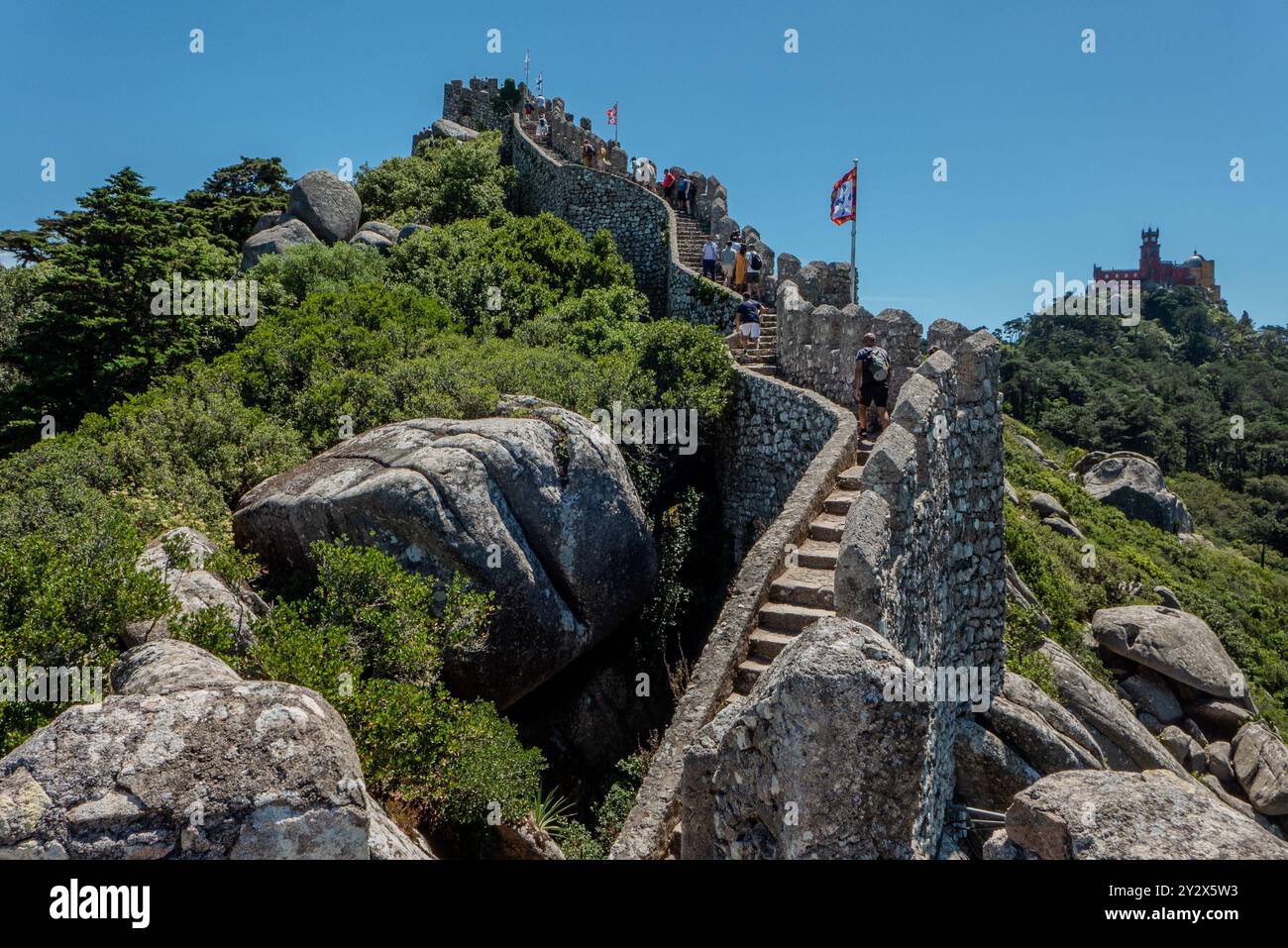 Il castello moresco (Castelo dos Mouros) a Sintra fu costruito per la prima volta dai conquistatori arabi della penisola iberica, da cui il suo nome, e successivamente utilizzato dai governanti cristiani del Portogallo. Situato in una posizione strategica su una ripida cresta di montagna con vista sulla costa atlantica e sulle pianure a nord di Lisbona, il castello medievale oggi fa parte del patrimonio mondiale dell'UNESCO dei Parchi di Sintra e una popolare attrazione turistica. Sullo sfondo il Palácio da pena, un palazzo romanticista costruito per ordine di re Ferdinando II nel XIX secolo. Foto Stock