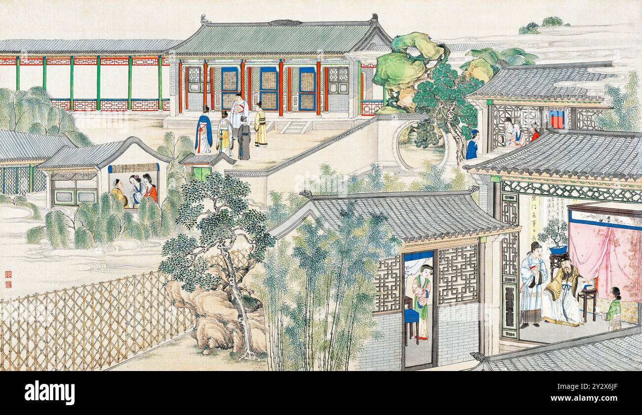 Scena da sogno della camera Rossa di Cao Xueqin (1710-1765) dipinta dall'artista della dinastia Qing Sun Wen (1818-1904) utilizzando pennellate tradizionali cinesi per trasmettere i temi centrali di questo romanzo classico, l'amore, il destino e la gerarchia sociale. Foto Stock