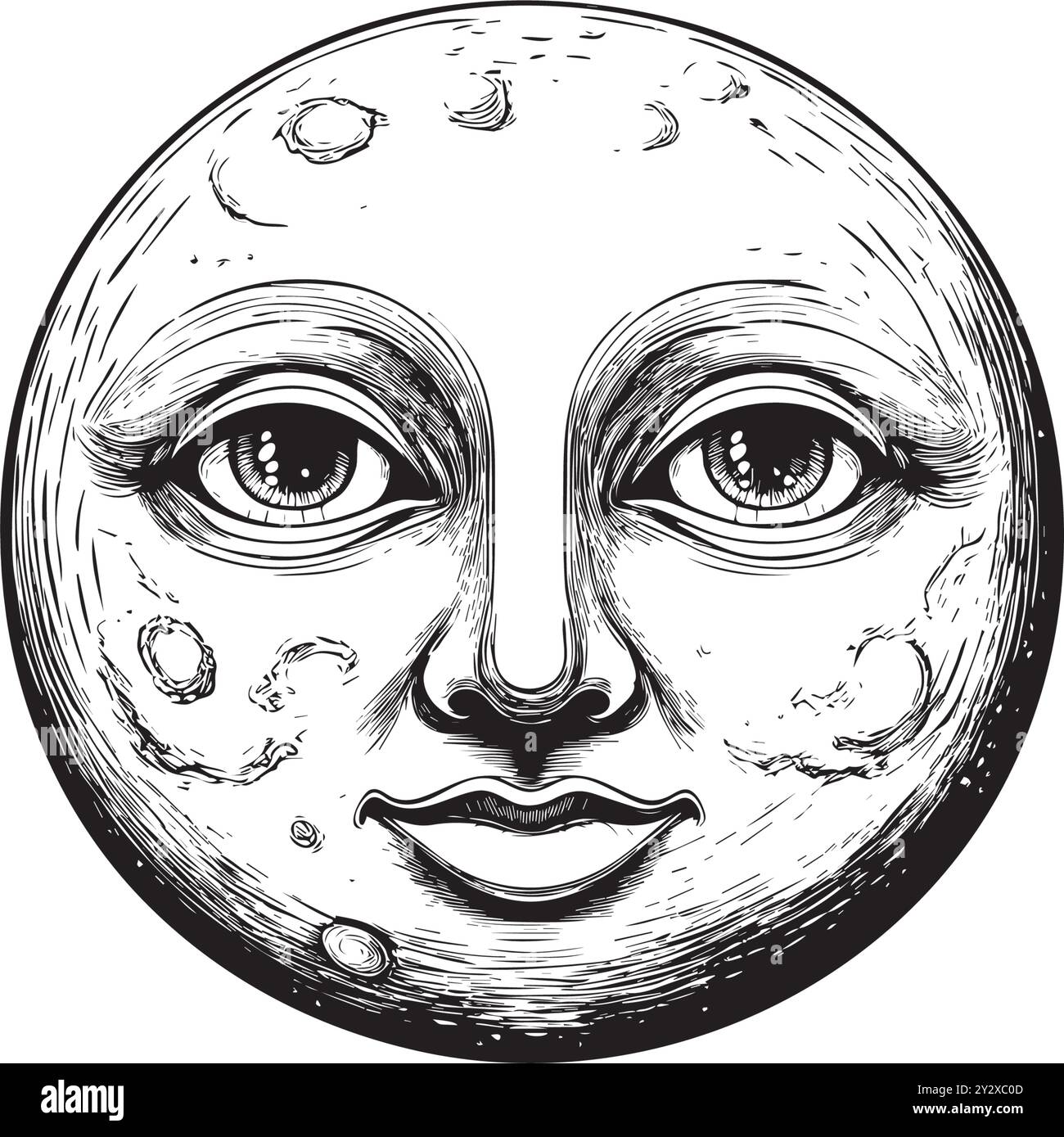 Faccia lunare con occhi aperti e sorriso gentile, raffigurata in uno stile Hachure minimalista ed elegante Illustrazione Vettoriale