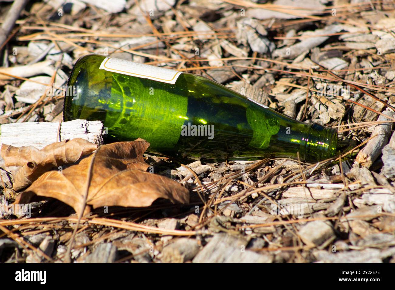 bottiglia di vetro verde trasparente lasciata sul terreno Foto Stock