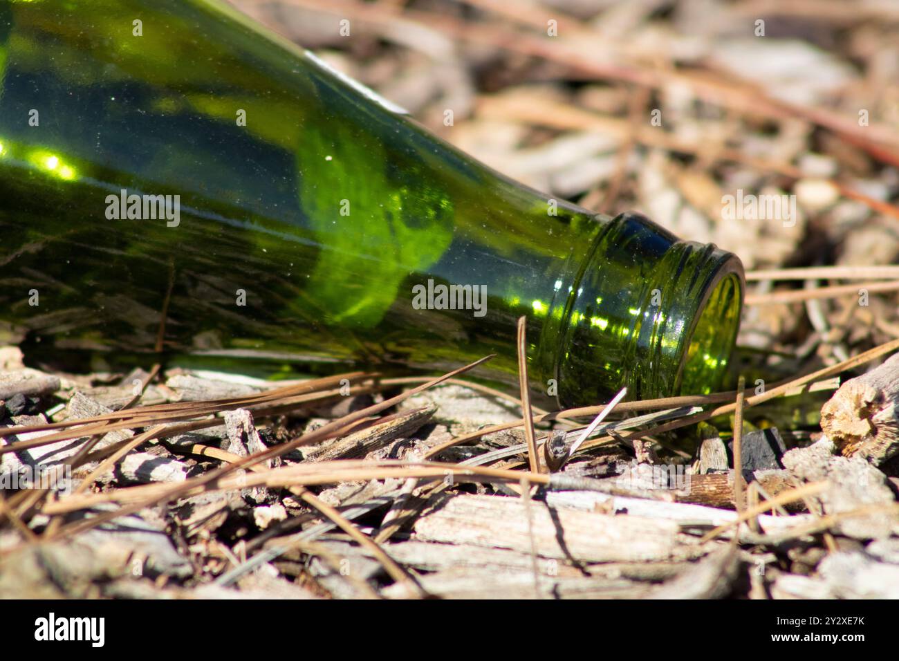 bottiglia di vetro verde trasparente lasciata sul terreno Foto Stock