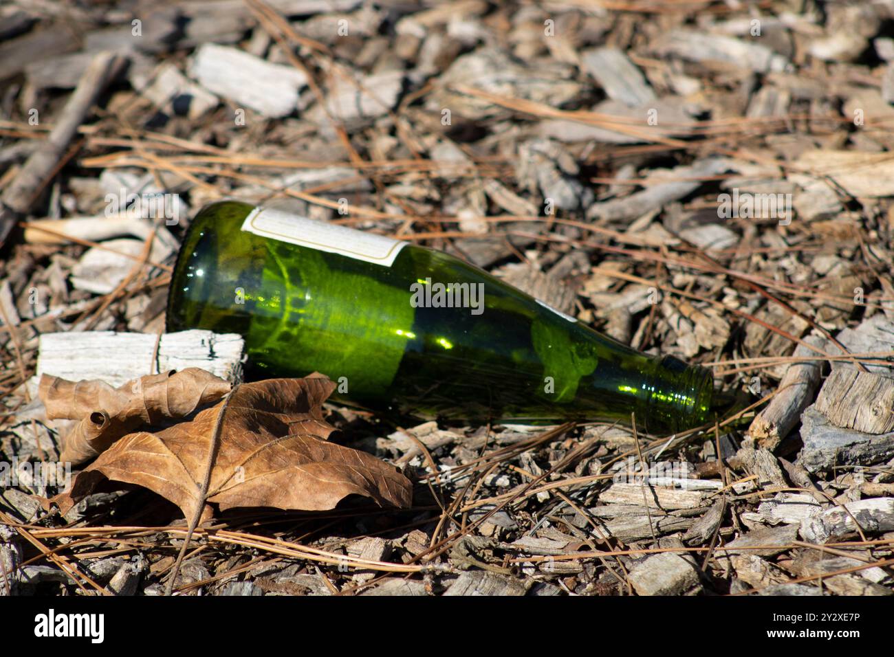 bottiglia di vetro verde trasparente lasciata sul terreno Foto Stock