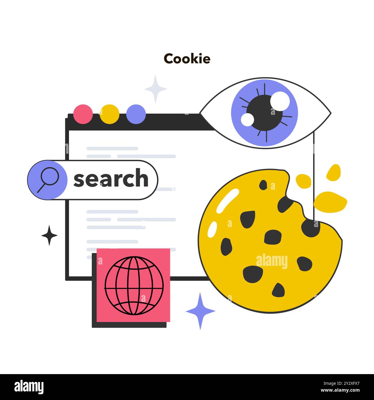 Tecnologia dei cookie. Monitoraggio della sessione del browser Web. Accesso al computer dell'utente e alle informazioni riservate. Miglioramento dell'identificazione del dispositivo e dell'esperienza di navigazione sul Web. Illustrazione vettoriale piatta Illustrazione Vettoriale
