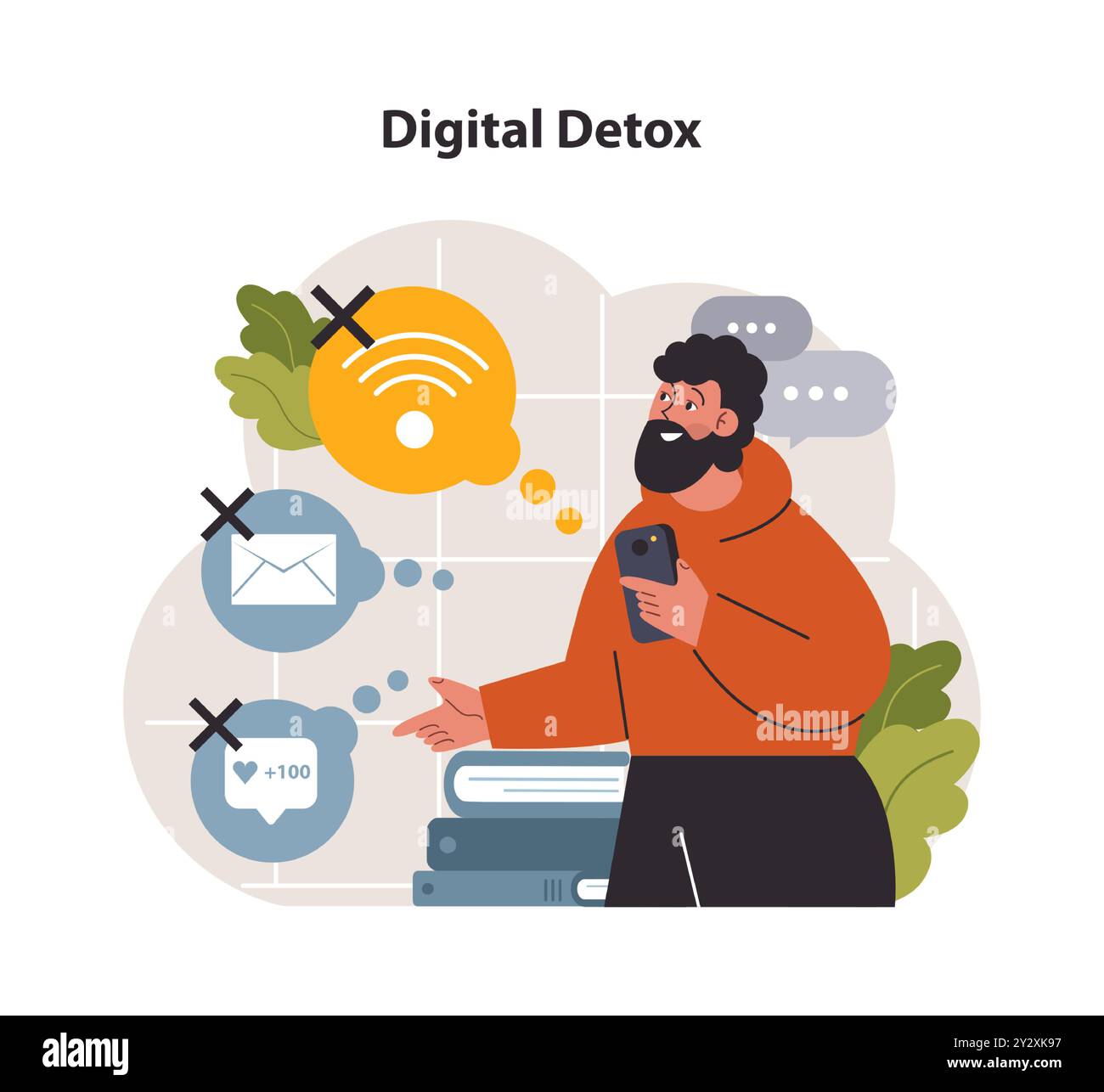 Moderna pratica di benessere. Detox digitale. Personaggio che si prende una pausa dal dispositivo digitale. Computer portatile scollegato o spento. Rompere la dipendenza da Internet e dai social media. Illustrazione vettoriale piatta Illustrazione Vettoriale