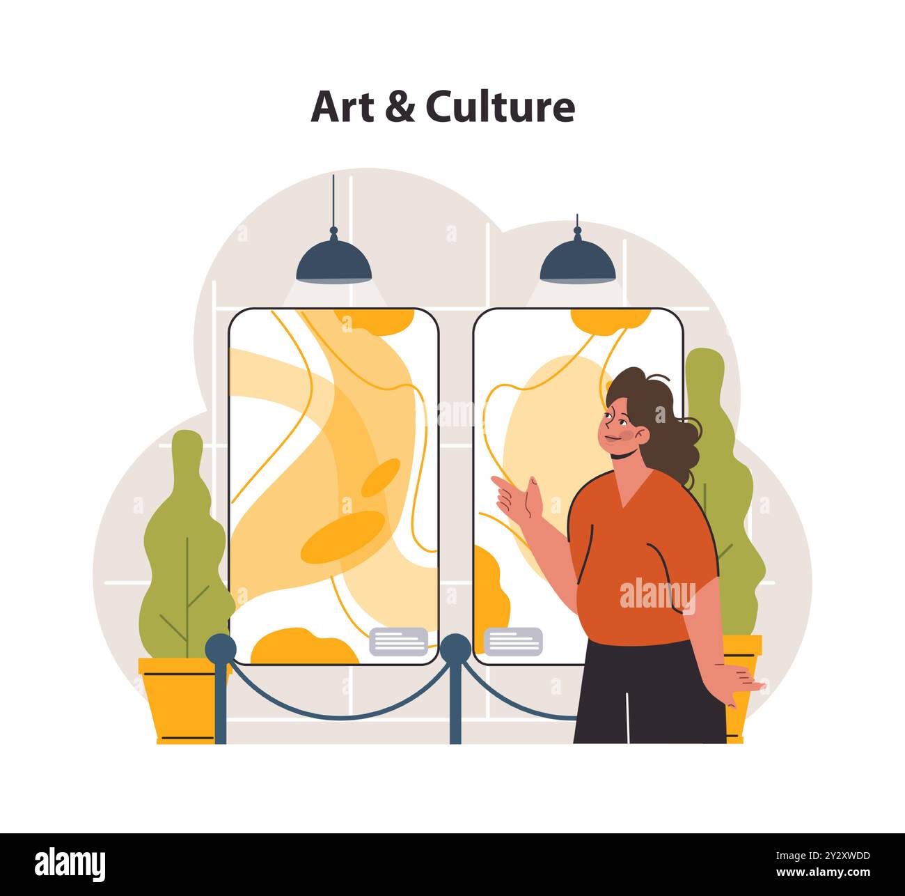 Moderna pratica di benessere. Una vita lenta, consapevole e sostenibile. Donna in visita alla galleria. Turisti che amano le opere d'arte classiche. Crescita personale, riduzione dello stress e felicità. Illustrazione vettoriale piatta Illustrazione Vettoriale