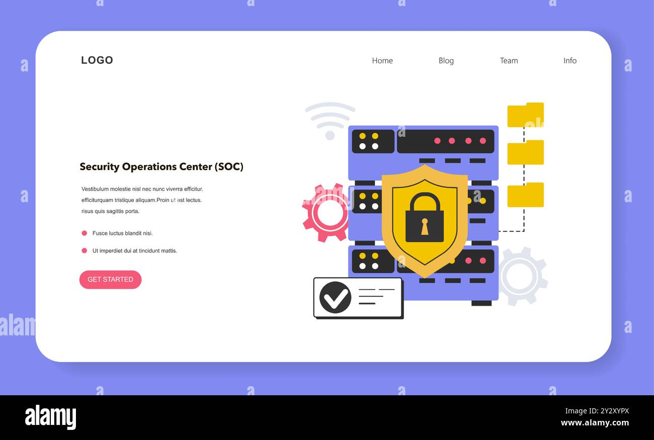 Banner Web o landing page del centro operativo per la sicurezza. Protezione dalle minacce informatiche e manutenzione della sicurezza. Monitoraggio e indagine di eventuali potenziali incidenti di sicurezza. Illustrazione vettoriale piatta Illustrazione Vettoriale
